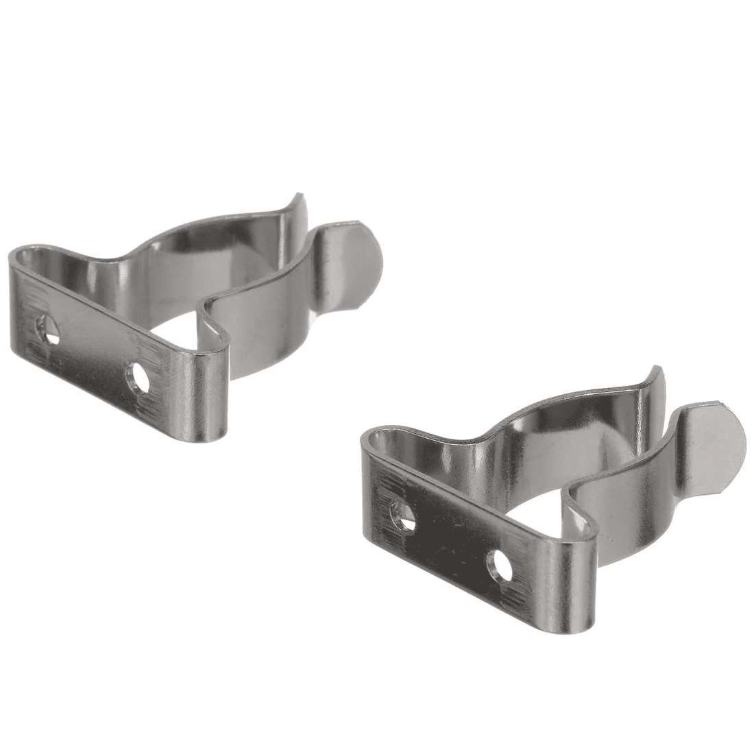 Spring Clamps - 5/8" - 1 1/4", Stainless Steel, 2 Pack 6 Two stainless steel Spring Clamps (5/8 - 1 1/4″), sold as a 2 Pack, with mounting holes, are positioned side by side on a white background.
