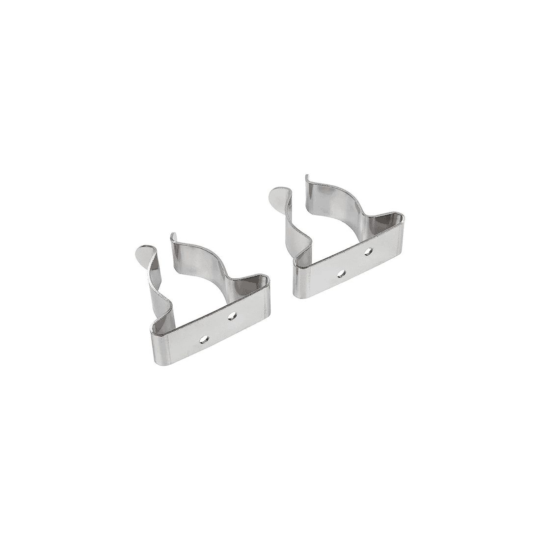 Spring Clamps - 5/8" - 1 1/4", Stainless Steel, 2 Pack 7 Two stainless steel Spring Clamps (5/8″–1 1/4″), each with curved edges and two screw holes, are shown on a plain white background. This is a 2-pack.