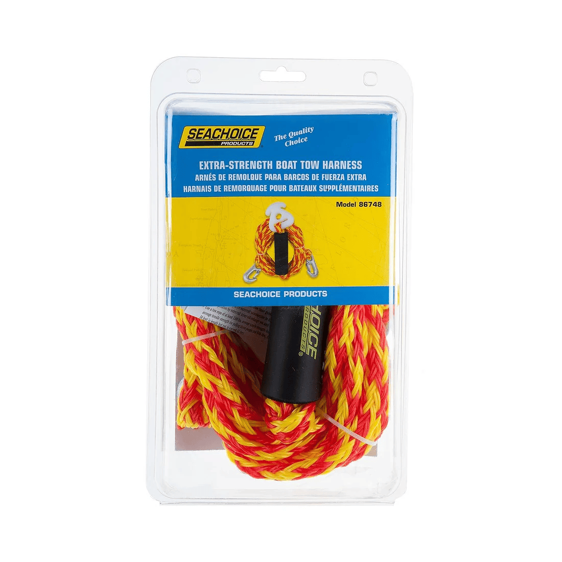 Tow Harness - 12ft, Tows Up to 4-Rider Tube 2 Seachoice Tow Harness - 12ft, designed for towing up to a 4-rider tube, in yellow and red, packaged in a clear plastic container with product label and branding.