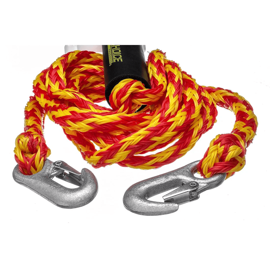 Tow Harness - 12ft, Tows Up to 4-Rider Tube 3 A SEA CHOICE 3 Tow Harness—12ft long and designed to tow up to a 4-rider tube—features red and yellow braided rope with metal hooks on each end, coiled with a black and yellow label visible.