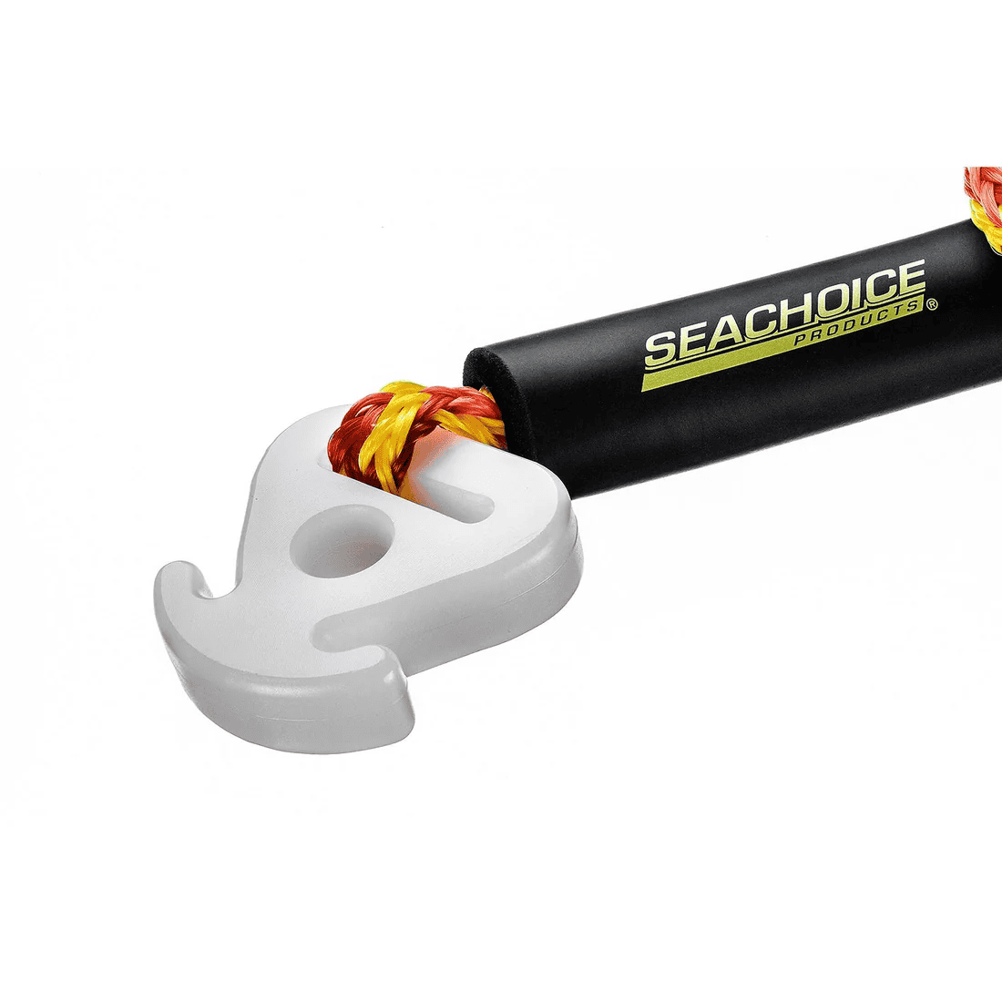Tow Harness - 12ft, Tows Up to 4-Rider Tube 4 Close-up of the SEA CHOICE Tow Harness - 12ft, with a white plastic hook and black sleeve, featuring yellow SEA CHOICE branding; rated for towing up to a 4-rider tube.