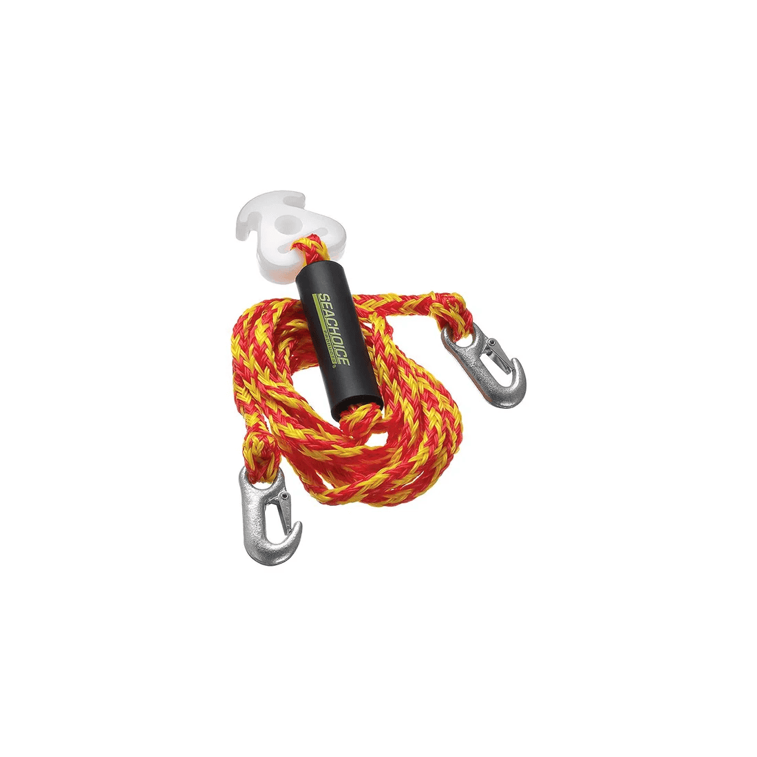 Tow Harness - 12ft, Tows Up to 4-Rider Tube 5 Featuring the SEA CHOICE 6 Tow Harness, this 12ft yellow and red braided rope is designed to tow up to a 4-rider tube. It includes sturdy metal hooks on each end and a white plastic attachment piece, pictured on a white background.