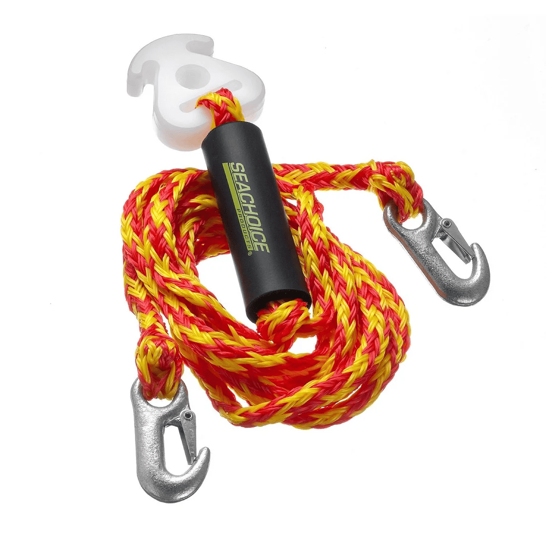 Tow Harness - 12ft, Tows Up to 4-Rider Tube 1 12ft Seachoice tow harness with red and yellow braided rope, two metal hooks, a black handle labeled “Seachoice,” a white plastic attachment, and designed to tow tubes with up to 4 riders.