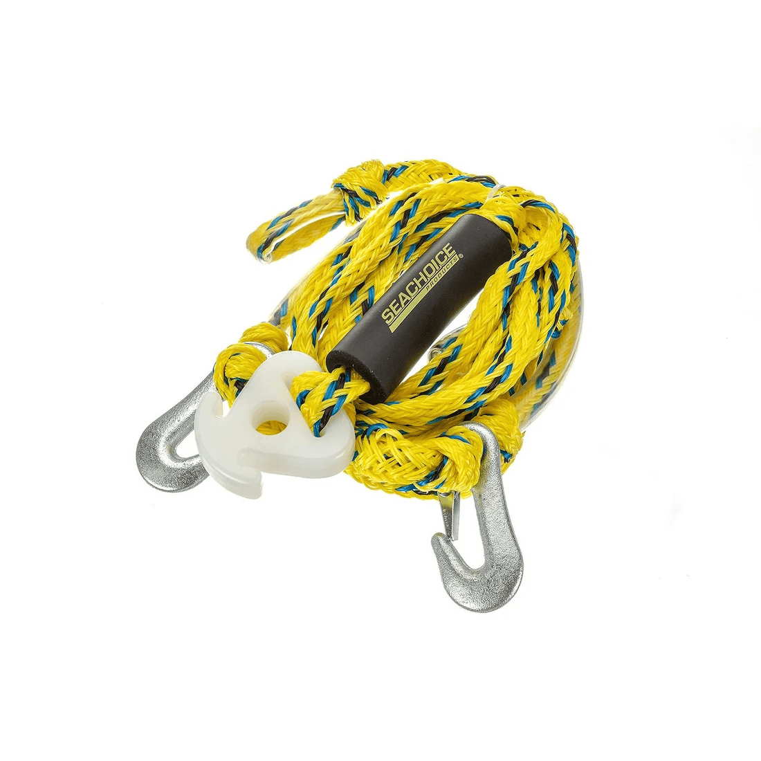 Tow Harness - 16ft, Tows Up to a 4-Rider Tube 1 A yellow and blue braided tow harness, featuring metal hooks on both ends, comes wrapped around a black plastic handle labeled “Seachoice” and includes a white plastic anchor-shaped holder; measures 16 feet and is designed to tow up to a 4-rider tube.