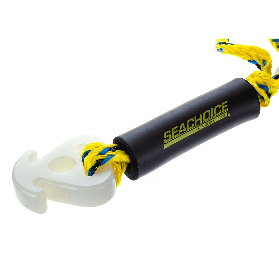 Tow Harness - 16ft, Tows Up to a 4-Rider Tube 4 Close-up of the Tow Harness, 16ft, designed to tow up to a 4-rider tube, featuring a yellow and blue braided rope with a plastic hook and a black foam handle labeled “Seachoice Products.”.