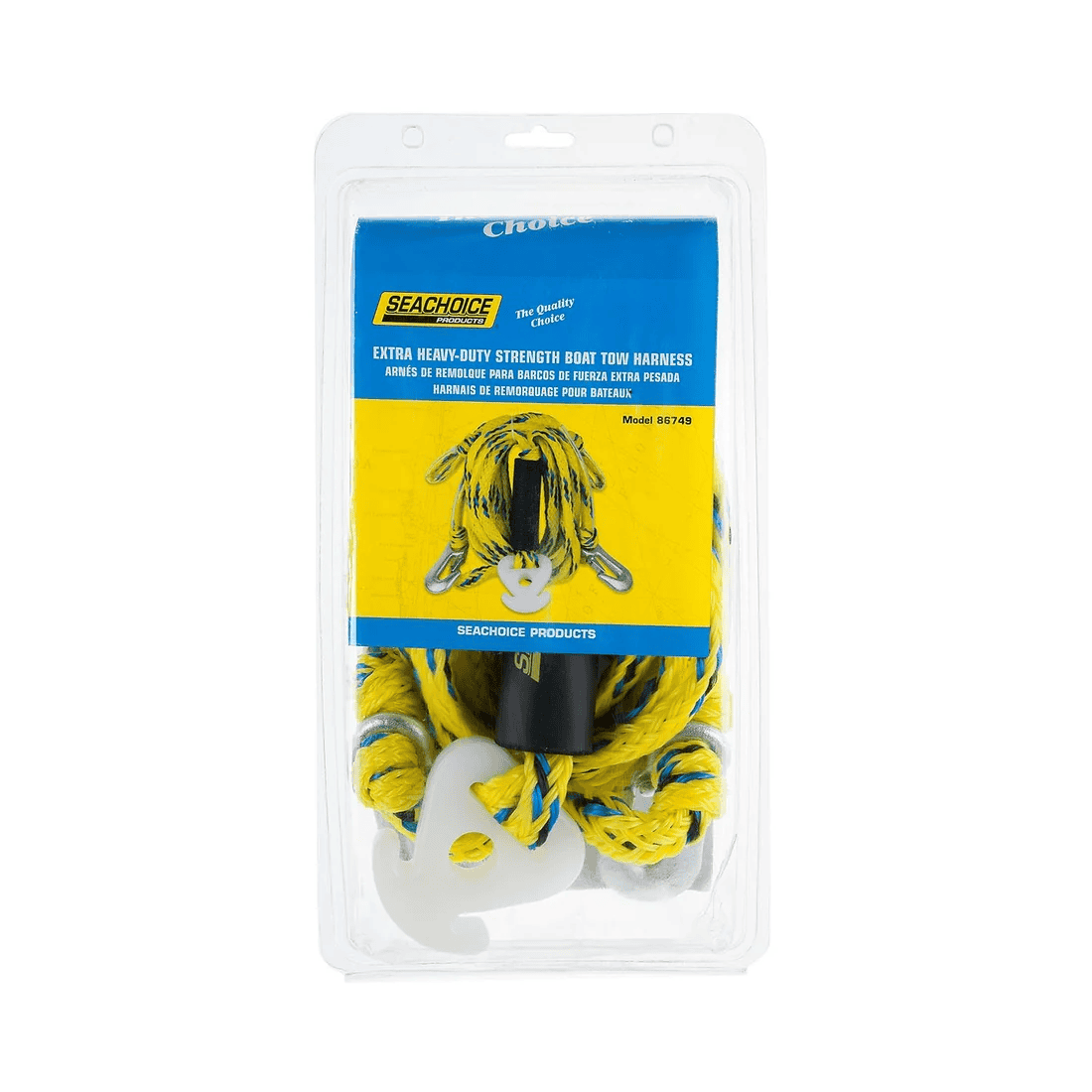 Tow Harness - 16ft, Tows Up to a 4-Rider Tube 3 A packaged Tow Harness, 16ft, designed to tow up to a 4-rider tube, featuring yellow and blue rope with a white hook, displayed against a plain background.