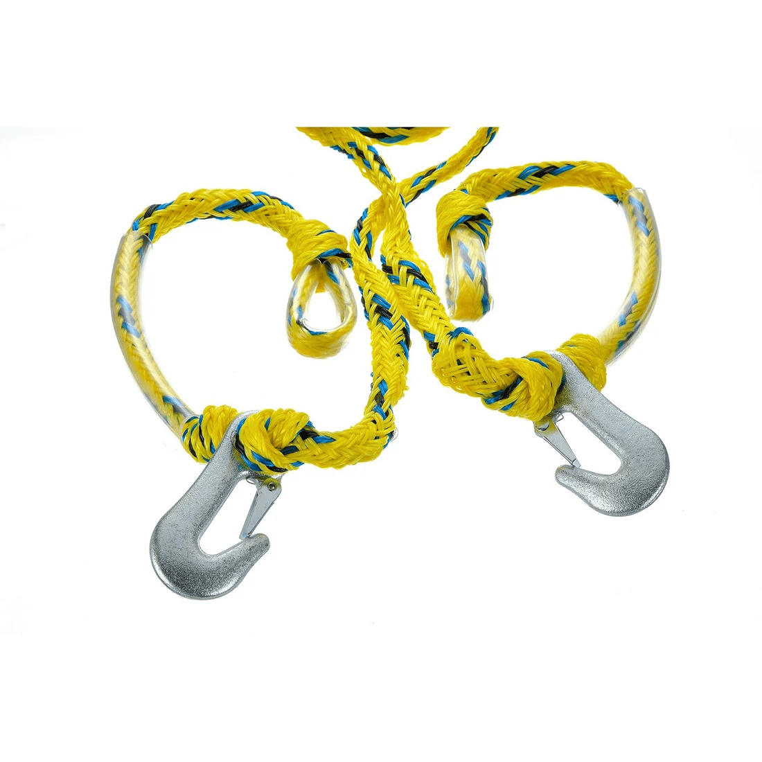 Tow Harness - 16ft, Tows Up to a 4-Rider Tube 2 A 16ft tow harness for up to a 4-rider tube, in yellow with blue accents and equipped with silver metal hooks on each end, is arranged on a white background.