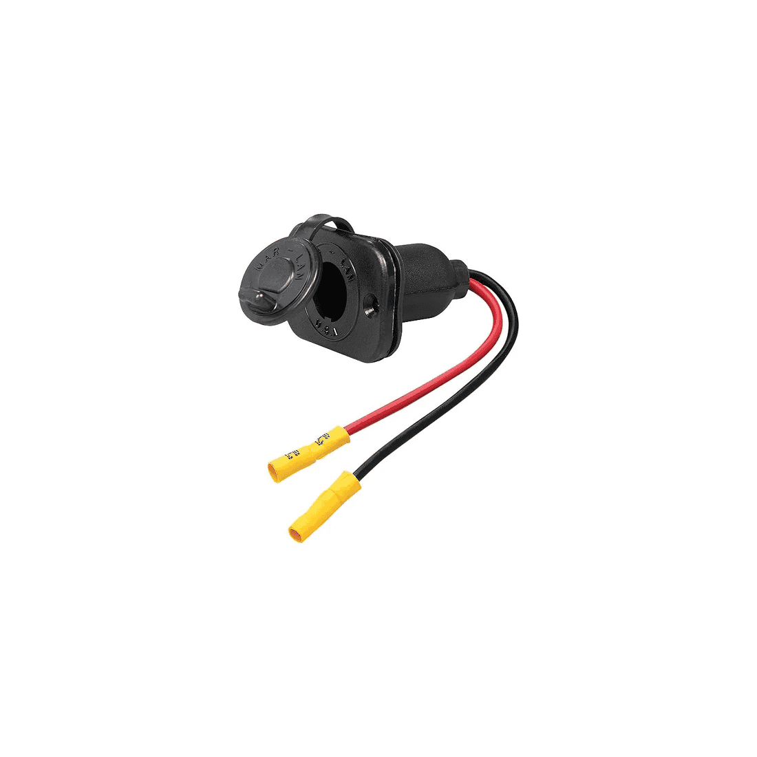 Trolling Motor Plug - Receptacle Female, 6 in Leads 2 SEA CHOICE 2 Trolling Motor Plug - Receptacle Female with 6-inch leads, featuring a black marine-grade 12V power socket and protective cap, attached to red and black wires terminating in yellow insulated connectors, shown on a white background.