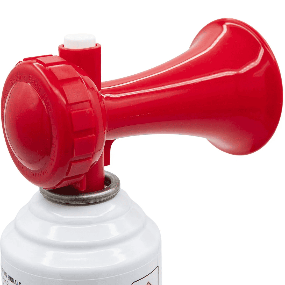 Universal Air Horn Kit - 5.5oz 2 A close-up of the Universal Air Horn Kit, 5.5 oz SEA CHOICE 2, featuring a red and white plastic top and a metal canister base, photographed against a plain white background.