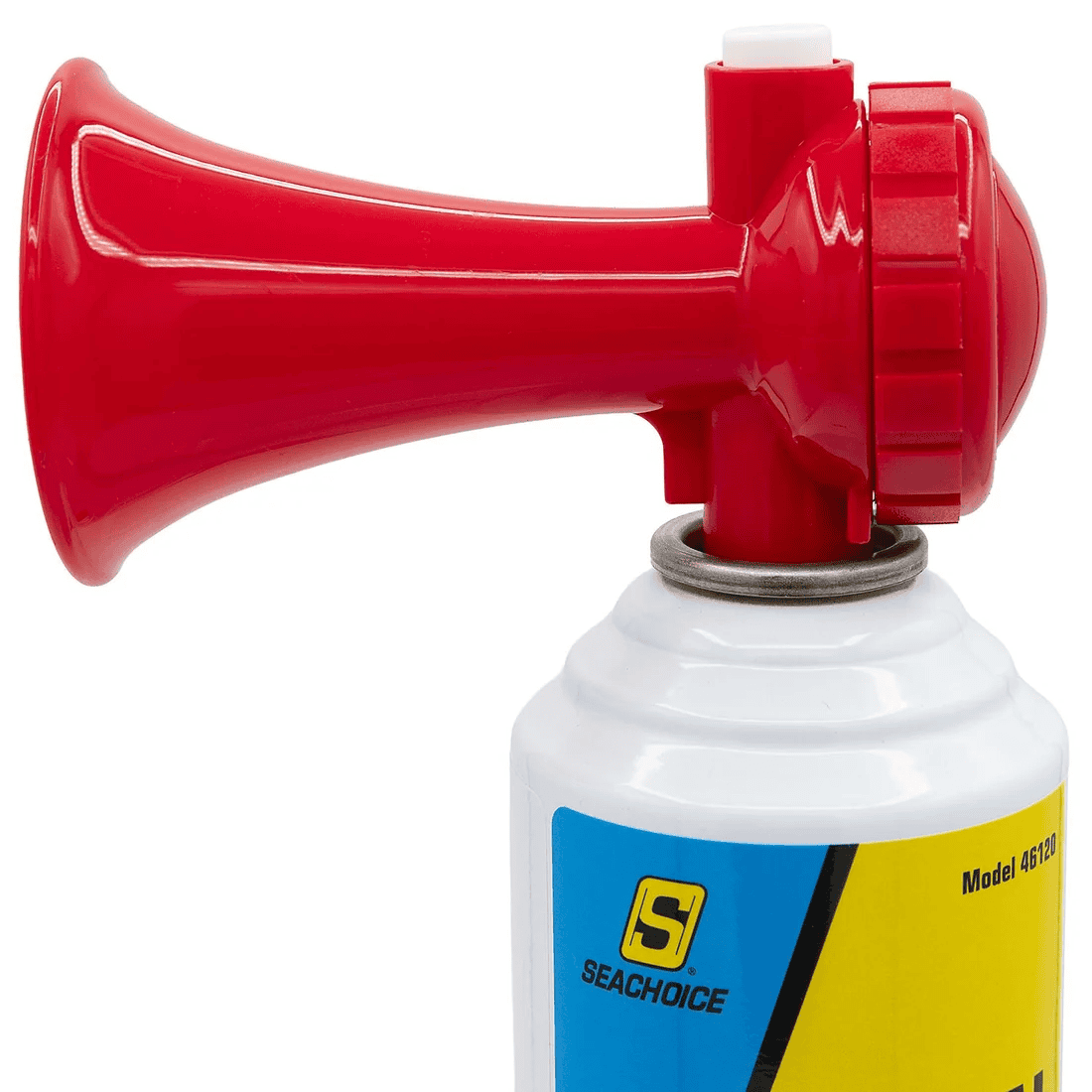 Universal Air Horn Kit - 5.5oz 3 A close-up view of the SEA CHOICE 3 Universal Air Horn Kit, featuring a red plastic horn attached to a white 5.5 oz canister with a blue and yellow label.