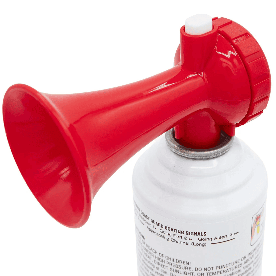 Universal Air Horn Kit - 5.5oz 4 The Universal Air Horn Kit, 5.5 oz SEA CHOICE 4, features a red horn attached to a white canister and is commonly used for boating or emergency alerts.
