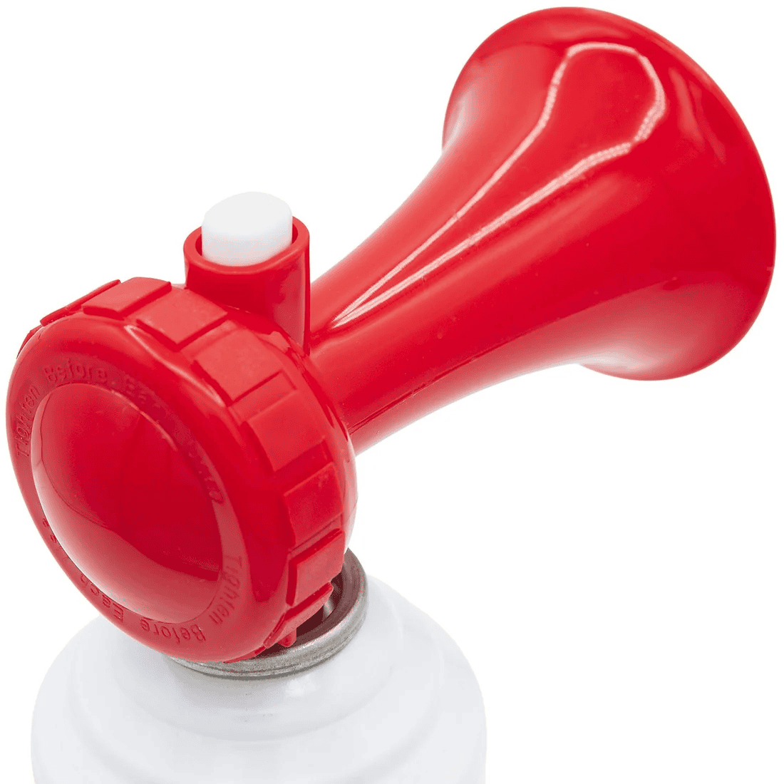 Universal Air Horn Kit - 5.5oz 5 Close-up of the Universal Air Horn Kit, 5.5 oz SEA CHOICE 5, featuring a red horn attached to a white canister with a white activation button on top of the horn.