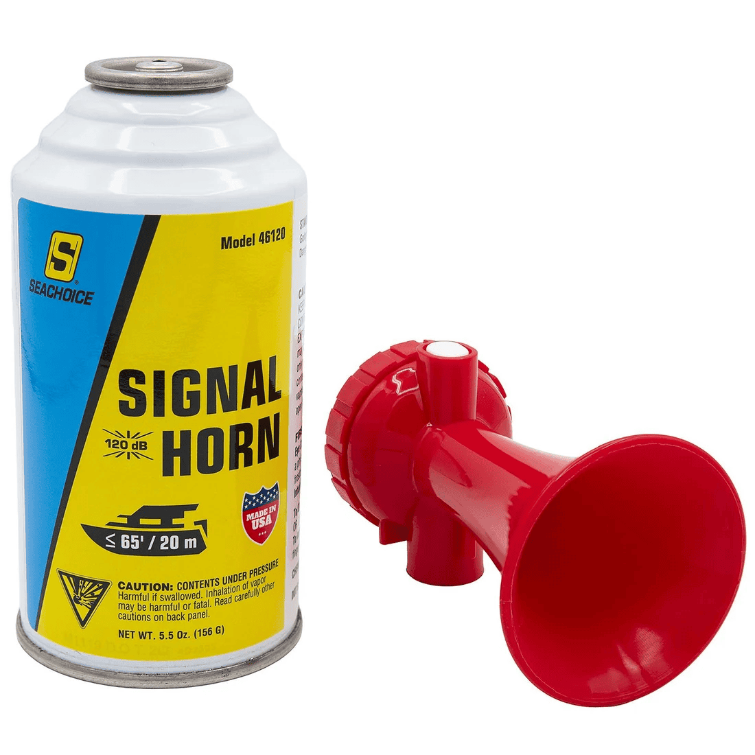 Universal Air Horn Kit - 5.5oz 6 A canister labeled “Universal Air Horn Kit, 5.5 oz SEA CHOICE 6” with a red plastic horn attachment is shown; it is used for marine safety and emits a loud sound.