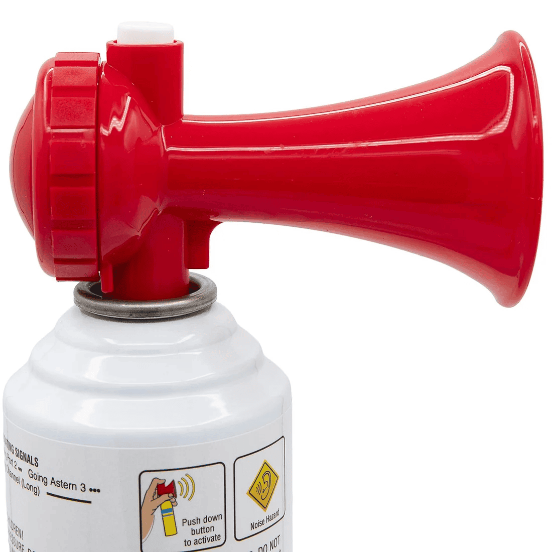 Universal Air Horn Kit - 5.5oz 7 A close-up of the Universal Air Horn Kit, 5.5 oz SEA CHOICE 7 shows the red horn attached to a white canister, with part of the label and a push button diagram visible.