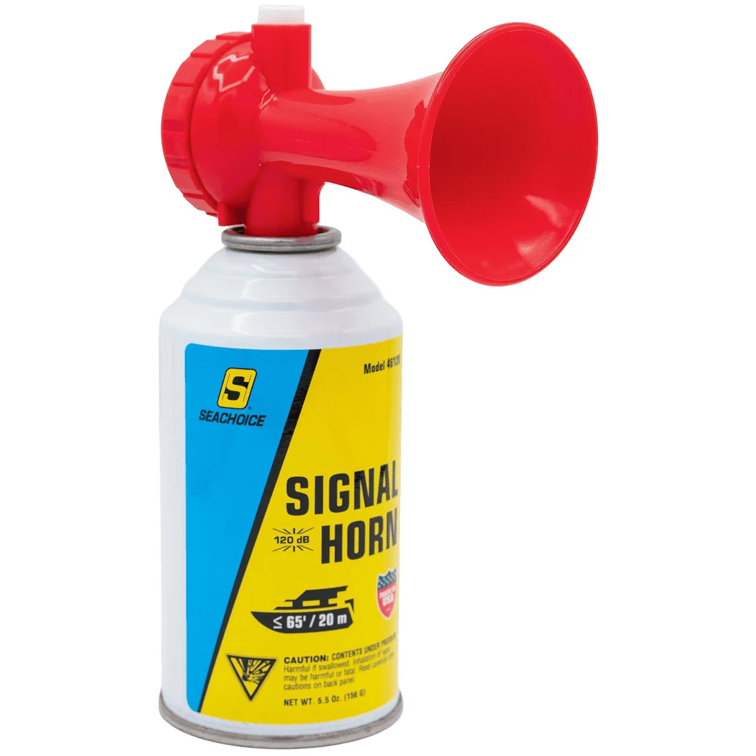 Universal Air Horn Kit - 5.5oz 1 A red and white Universal Air Horn Kit, 5.5 oz canister with a yellow label reading “Signal Horn” and safety warnings, designed for signaling or emergencies.