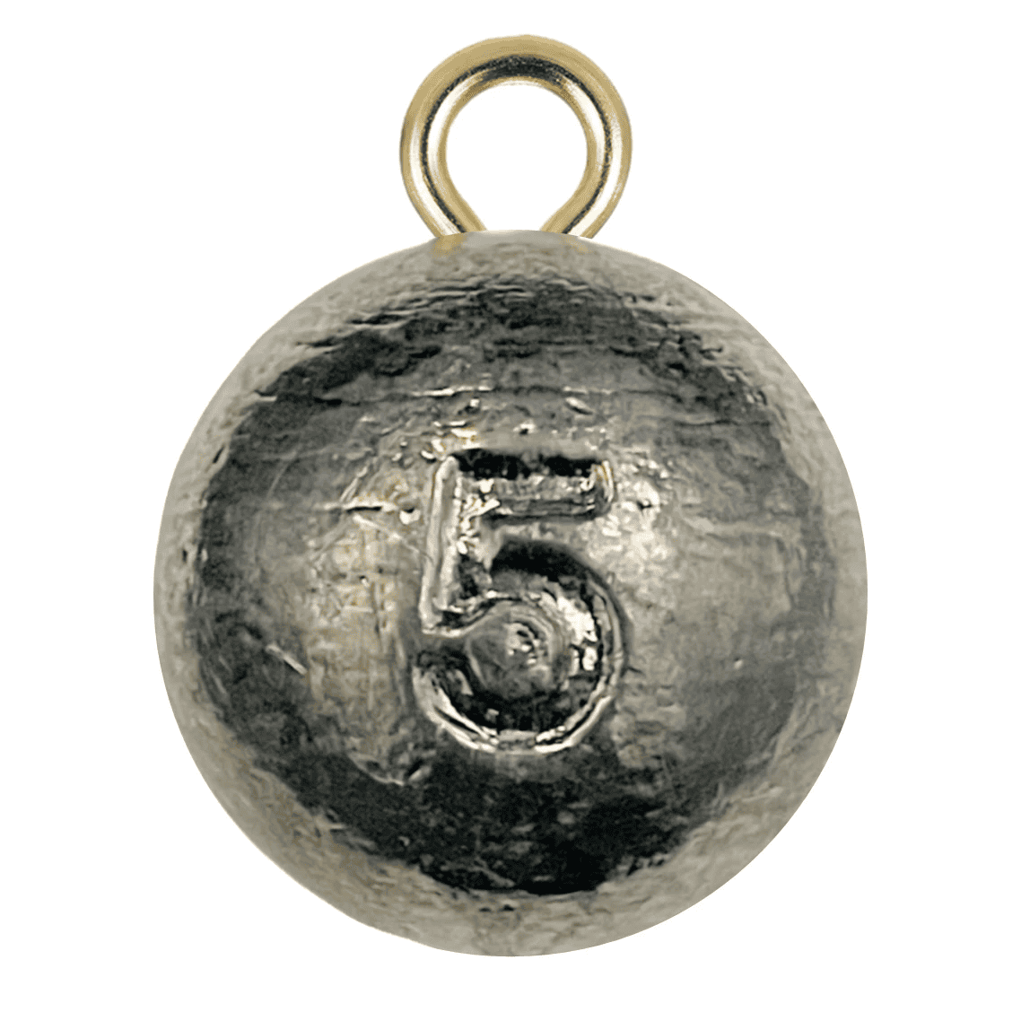 Cannon Ball Sinkers 1 Cannon Ball Sinkers - 5oz, Plain Lead POW WEIGHTS, a round lead fishing weight with a brass eyelet and the number 5 embossed on the side.
