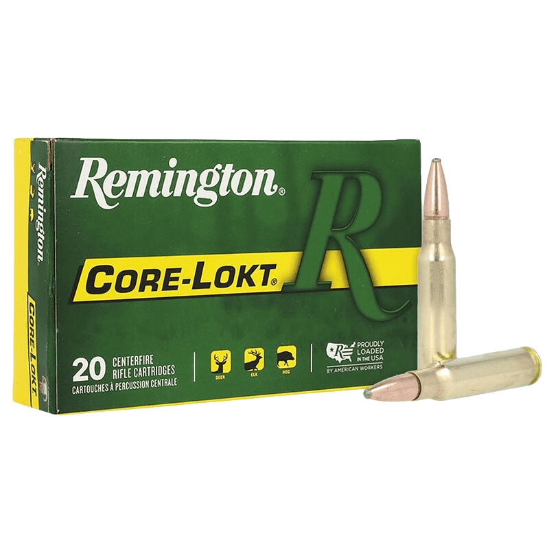 Core-Lokt® - 308 Win, 150 Grain, Pointed Soft Point Core Lokt, 2820 fps 1 Box of Core-Lokt - 308 Win, 150 Grain, Pointed Soft Point Core Lokt, 2820 fps REMINGTON with two bullets displayed in front, showing green and yellow packaging for 20 rounds.