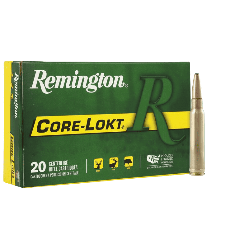 Core-Lokt® - 338 Win Mag, 225 Grain, Pointed Soft Point Core Lokt, 2780 fps 1 Core-Lokt - 338 Win Mag, 250 Grain, Pointed Soft Point Core Lokt, 2660 fpsREMINGTON with a single cartridge upright beside it displays branding and packaging details.