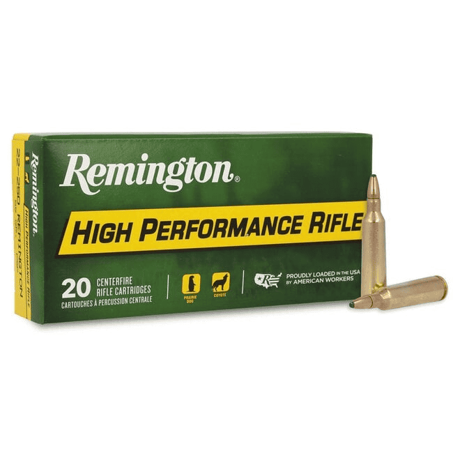 High Performance Rifle Pointed Soft Point - 22-250 Rem, 55 Grain 1 A green box labeled “High Performance Rifle Pointed Soft Point - 22-250 Rem, 55 Grain REMINGTON” with two rifle cartridges beside it; box holds 20 centerfire cartridges.
