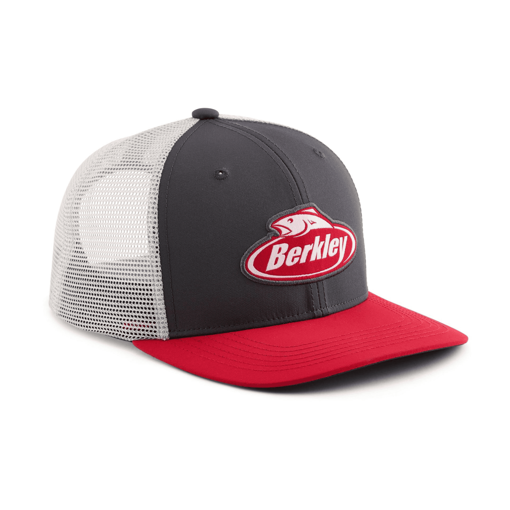 Performance Logo Trucker Hat - Charcoal / Red 2 Performance Logo Trucker Hat - Charcoal - Red Berkley 2, a charcoal and red trucker hat with a white mesh back and a Berkley fish logo patch on the front.