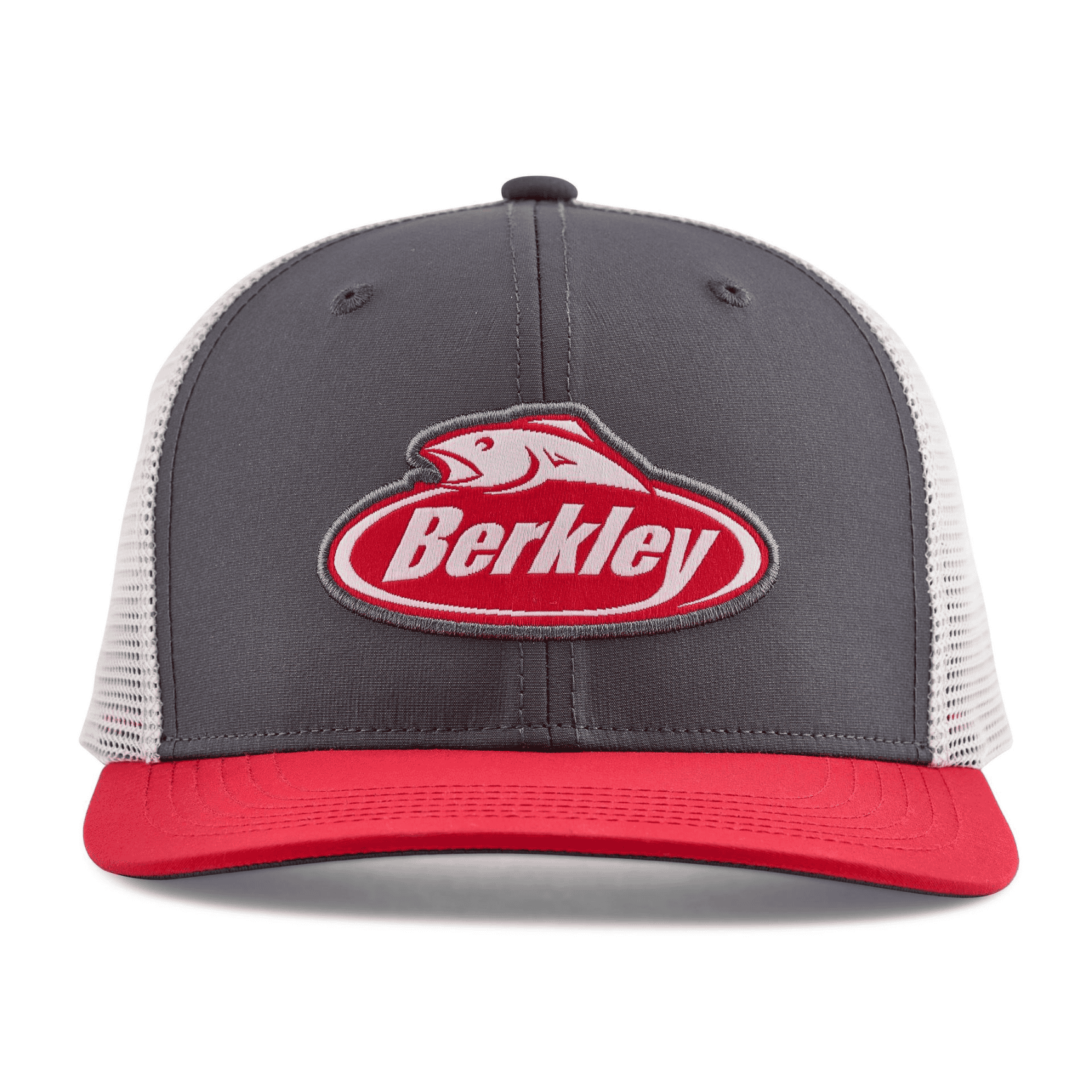 Performance Logo Trucker Hat - Charcoal / Red 3 Performance Logo Trucker Hat - Charcoal - Red Berkley 3 charcoal and white mesh trucker hat with a red brim and a red and white fish logo on the front.
