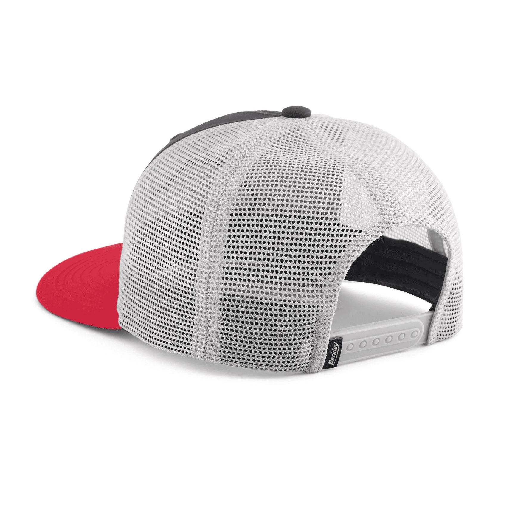 Performance Logo Trucker Hat - Charcoal / Red 4 Performance Logo Trucker Hat - Charcoal - Red Berkley 4 grey and white mesh trucker hat with a red brim and an adjustable snapback closure.