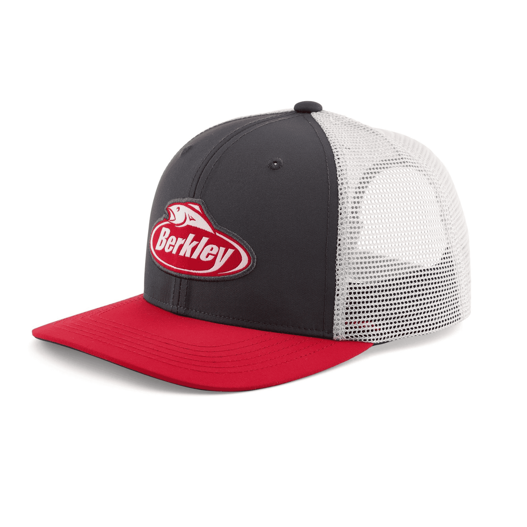 Performance Logo Trucker Hat - Charcoal / Red 1 Performance Logo Trucker Hat - Charcoal : Red Berkley featuring a charcoal and red design with a white mesh back and a Berkley fish logo patch on the front.