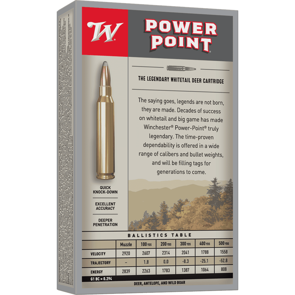 Power-Point - 30-06 Springfield, 150 Grain 2 Box of Power-Point - 30-06 Springfield, 150 Grain, WINCHESTER 2 rifle ammunition featuring a photo of a cartridge, product description, and a ballistics table.