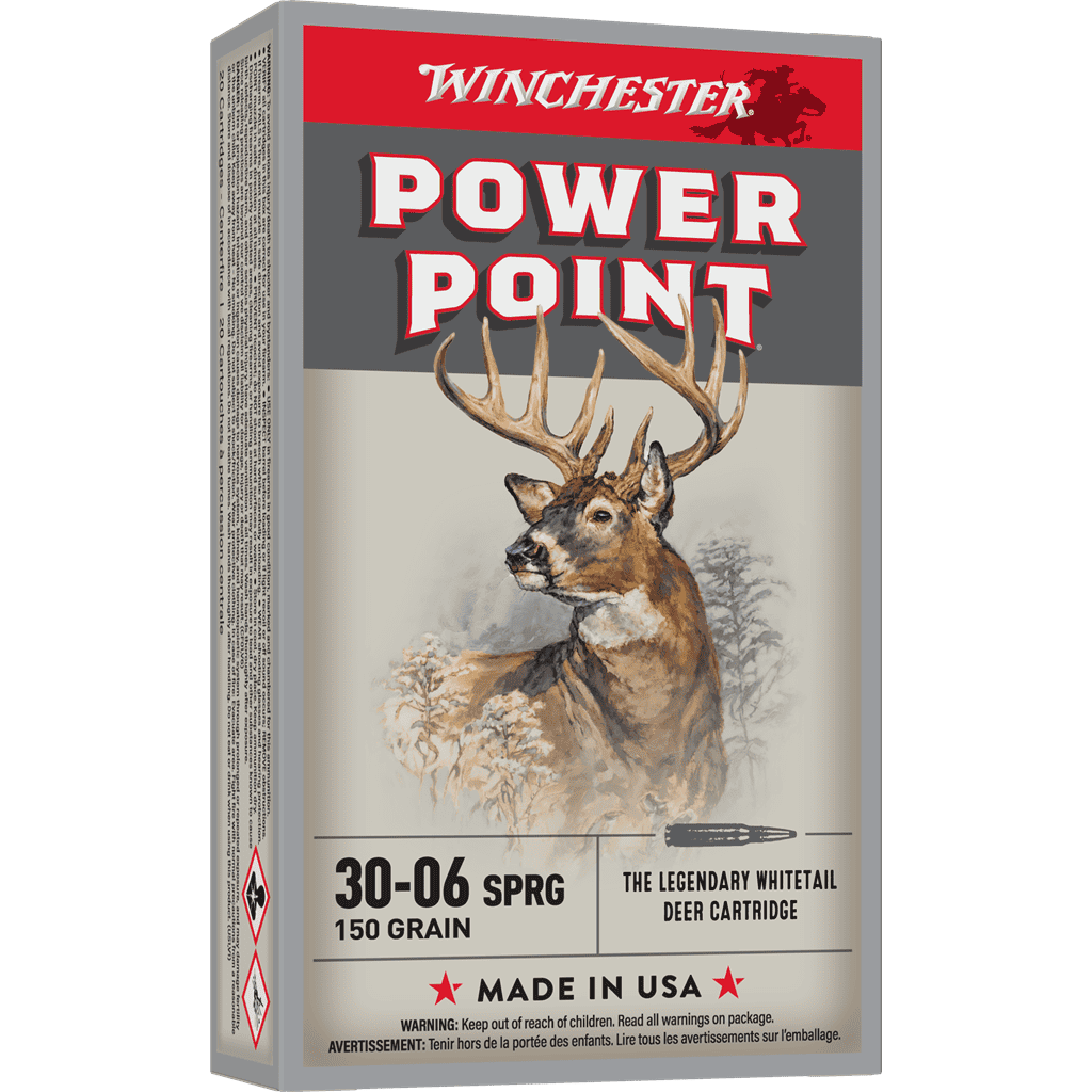 Power-Point - 30-06 Springfield, 150 Grain 1 Box of Winchester Power-Point 30-06 Springfield, 150 Grain rifle cartridges featuring an illustration of a whitetail deer.