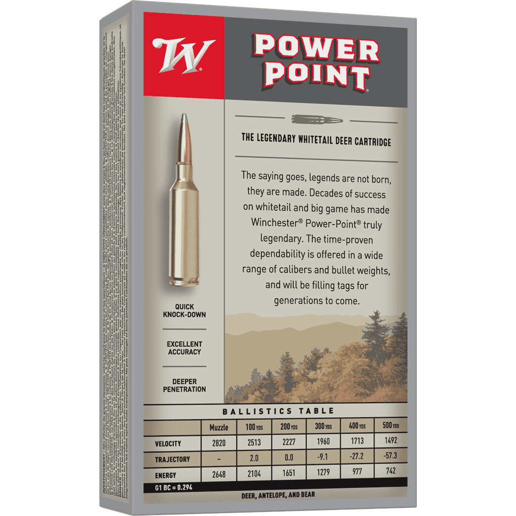 Power-Point - 308 Winchester, 150 Grain 2 A box of Power-Point - 308 Winchester, 150 Grain WINCHESTER 2 ammunition showing a single cartridge, descriptive text, and a ballistics table.