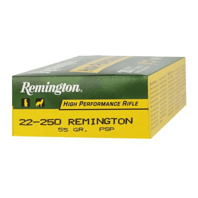 High Performance Rifle Pointed Soft Point - 22-250 Rem, 55 Grain 2 A box of REMINGTON High Performance Rifle Pointed Soft Point - 22-250 Rem, 55 Grain with green and yellow packaging.
