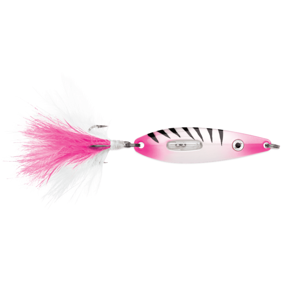 RRS Rattling Roach Spoon 1 RRS Rattling Roach Spoon - Glow Pink Squirrel, 1/8oz, 1 5/8"Glow Pink Squirrel fishing lure with black stripes, a clear rattle chamber, and a pink and white feathered treble hook.