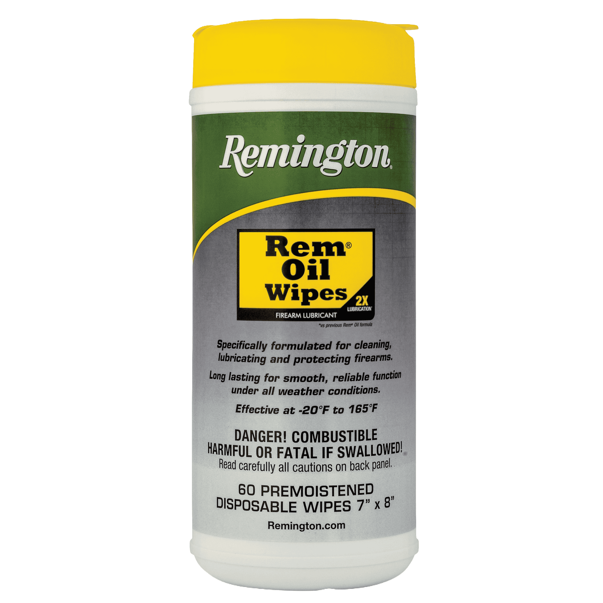 Rem Oil Wipes - 60 Count, 7" x 8" 1 A container of Rem Oil Wipes - 60 Count, 7_ x 8_ REMINGTON for firearms, featuring product details, warnings, and a yellow flip-top lid.