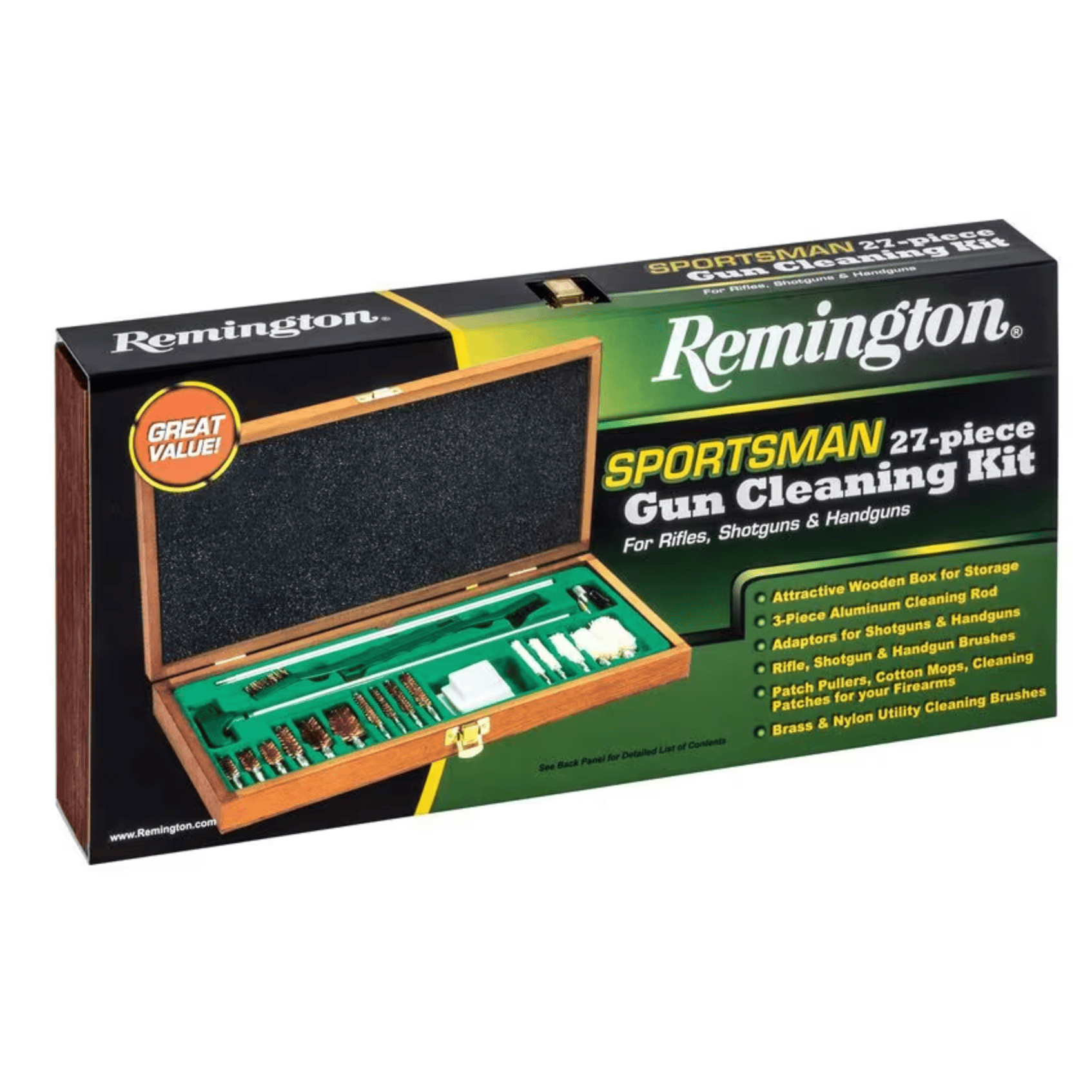 Sportsman Cleaning Kit - .22 Calibre - 12 Gauge, 27 Pieces 1 Screenshot 2026-10-05 at 12.46.00 PM box displays its 27-piece gun cleaning kit for rifles, shotguns, and handguns, with features listed on the front.