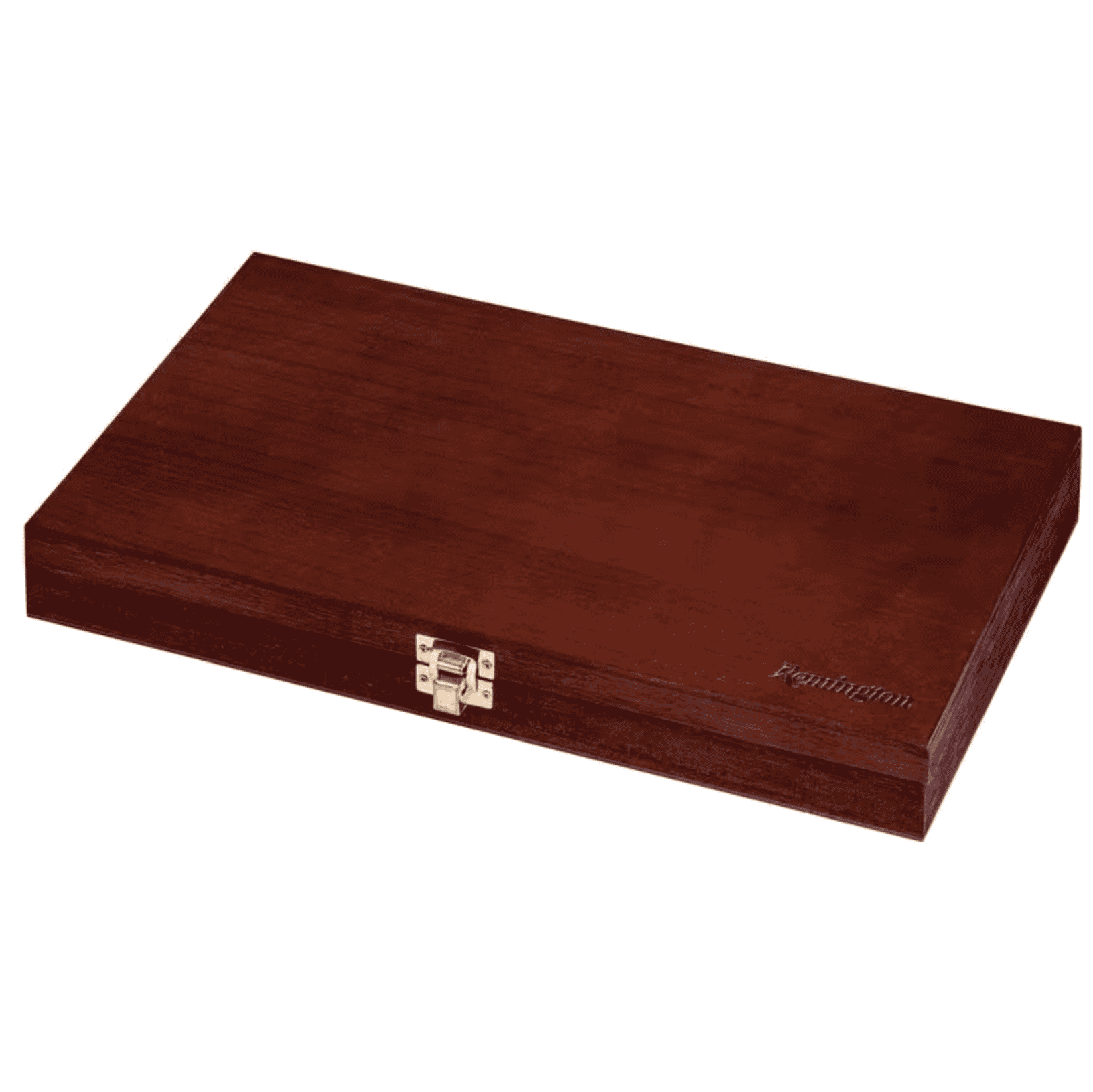 Sportsman Cleaning Kit - .22 Calibre - 12 Gauge, 27 Pieces 2 The Sportsman Cleaning Kit - 27 Pieces, .22-calibre - 12-gauge REMINGTON 2 is a closed rectangular wooden box with a gold-colored latch, shown on a white background.