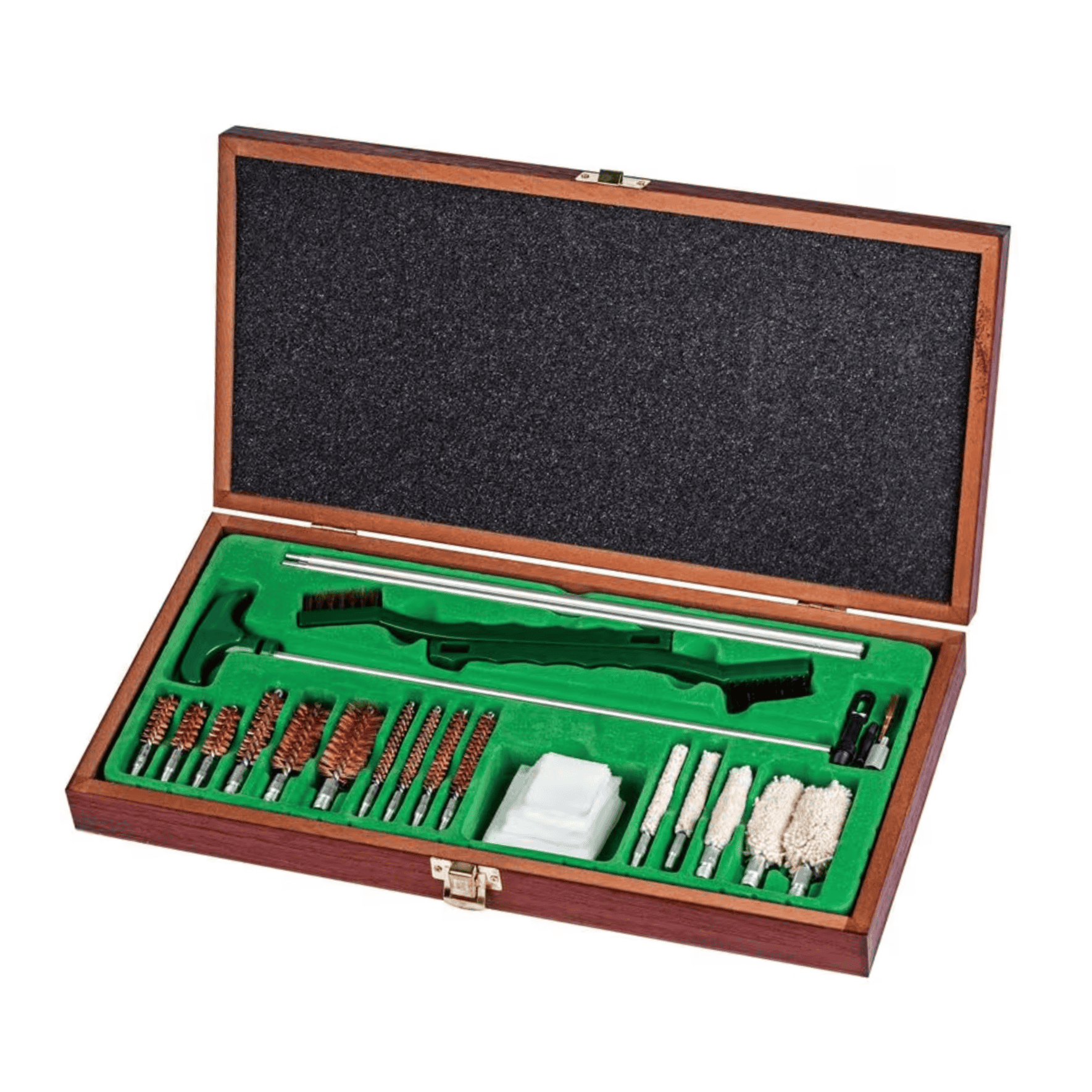 Sportsman Cleaning Kit - .22 Calibre - 12 Gauge, 27 Pieces 3 Open wooden case containing Sportsman Cleaning Kit - 27 Pieces, .22-calibre - 12-gauge REMINGTON 3 with brushes, rods, patches, and handle in green foam compartments.